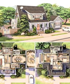 two story house plans with three car garages in the front and back, along with an attached parking lot