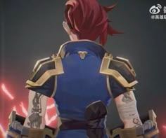 an anime character with red hair and tattoos standing in front of a dark background wearing armor