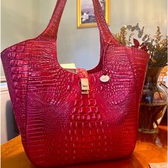 Brand New, Reddish Color “Satchel Style” Brahmin Lg Size $275 Luxury Large Capacity Red Shoulder Bag, Red Tote Shoulder Bag With Palladium Hardware, Red Tote Bag With Palladium Hardware, Red Satchel Bag With Palladium Hardware, Red Satchel Shoulder Bag With Palladium Hardware, Red Shopping Bags With Palladium Hardware, Brahmin Bags, Brahmin Handbags, Pretty Bags