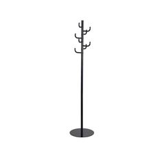 a black coat rack with five coats on it's sides and three hooks hanging from the top