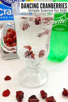 a glass filled with ice and cranberries next to a bottle of water