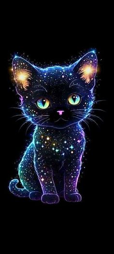 a black cat with glowing eyes and stars on it's chest, sitting in the dark