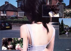 the back of a woman's neck in front of a house