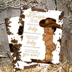 two baby shower cards with a cowboy theme