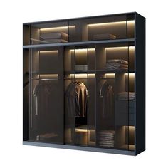 an image of a walk in closet with clothes on the shelves and lights above it