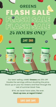 an ad for bloom's flash sale with fruit and vegetables on it, including strawberries