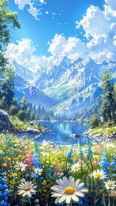 a painting of mountains and flowers in the foreground, with water below it on a sunny day