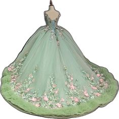 Elegant Floral Embroidery Ball Gown For Debutante Ball, Spring Wedding Green Ball Gown, Green Wedding Gown With Floral Applique, Green Floral Applique Wedding Gown, Spring Green Ball Gown, Quinceanera Floor-length Floral Dresses, Floor-length Floral Quinceanera Dress, Elegant Green Gown For Garden Party, Flower Green