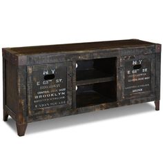 City Collection: Rustic black painted wood with metal accents and stenciled text from major cities in the United States | Loon Peak® Jamis Solid Wood 60" W Storage Credenza Wood in Black / Brown | 28 H x 60 W x 17 D in | Wayfair Modern Farmhouse Black Tv Stand, Modern Gothic Tv Stand, Fjallbo Tv Bench, Hooker Tv Stand, Modern Western Tv Stand, Old Black Tv Stand, Fjallbo Ikea Hack Tv, Black Metal Tv Unit, Tv Black Entertainment Center