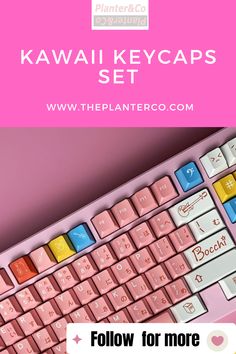 a pink keyboard with the text below it that says, follow for more information about kawaii keycaps