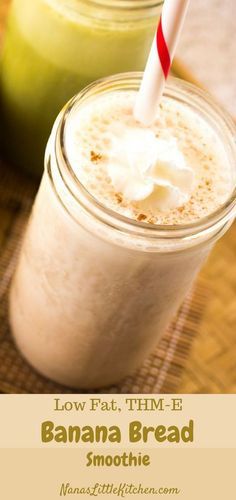 a banana bread smoothie in a mason jar with a straw