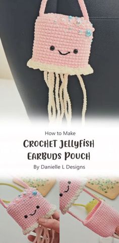 crochet jellyfish earbuds pouch is shown with instructions to make it