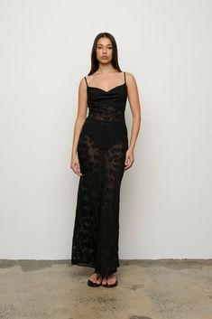 A slip dress with subtle cowl in a sheer, textured floral jacquard. Fabrication: 100% Polyester This piece fits true to size. We recommend your regular size. Model is 5'9"" / 175cm and wears a size 1. Cute Outfits To Draw, Sheer Black Dress, Outfits To Draw, Frankies Bikinis, Floral Jacquard, Scarf Gift, Solid & Striped, Summer Parties, Denim Pant