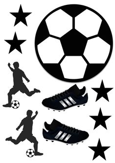 the silhouettes of soccer players are shown in black and white, as well as stars