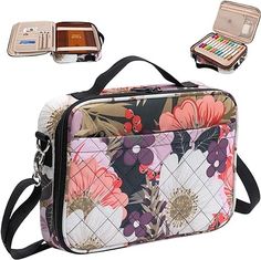 an image of a flowered bag with two compartments and one compartment open on the side