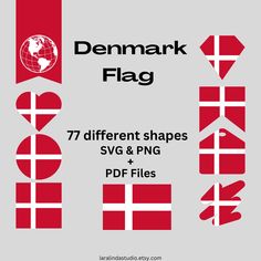 the denmark flag is shown in red and white with arrows pointing to different locations on it