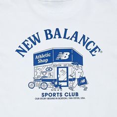 a white t - shirt that says new balance sports club on the front and back