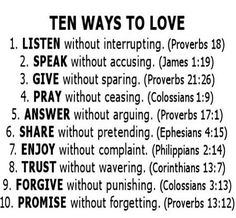 the ten ways to love written in black ink on white paper with words above it