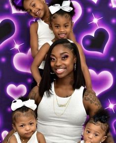 a woman and two children posing in front of hearts on a purple background with stars