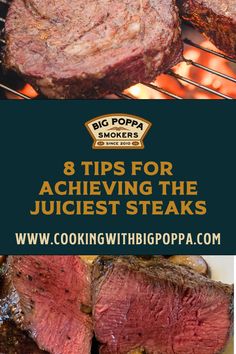 steaks cooking on the grill with text overlay that reads 8 tips for achieving the juicyest steaks