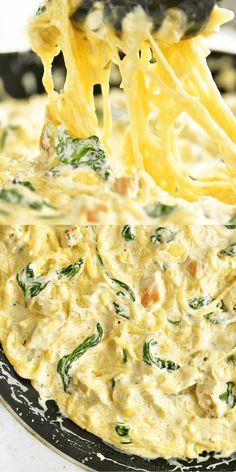 two pictures of food being cooked in a skillet, one with cheese and the other with spinach