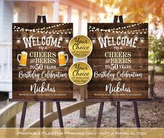 two wooden signs with beer glasses on them