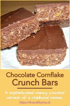 chocolate cornflake crunch bars are stacked on top of each other with text overlay