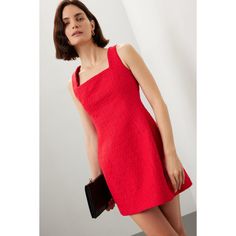 Red (Main fabric: 65% Cotton, 35% Polyamide; Lining: 100% Polyester). Cocktail dress. Sleeveless. Square neck. Back zipper closure. 32" from shoulder to hemline. Imported. Elegant Fitted Red Tweed Dress, Fitted Red Tweed Dress For Work, Chic Red Tweed Dress, Sleeveless Tweed Evening Dress For Summer, Chic Fitted Red Tweed Dress, Sleeveless Fitted Tweed Cocktail Dress, Fitted Sleeveless Tweed Cocktail Dress, Minimalist Clutch, Tweed Mini Dress