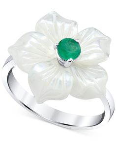 in stock Elegant White Flower-shaped Pearl Ring, White Macy's Jewelry As A Gift, Macy's White Jewelry As A Gift, Macy's White Jewelry Gift, Elegant White Rings From Macy's, Fine Jewelry White Flower Ring With Gemstone, White Sterling Silver Emerald Ring, White Emerald Ring In Sterling Silver, Elegant White Flower Ring With Gemstone