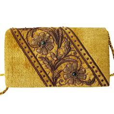 Striking OOAK statement purse in a very unique soft yellow gold color.  Hand embroidered with bronze flowers and inlaid with genuine semi precious stones, to create a dazzling and opulent effect.  Expertly hand embroidered by master zardozi artisans. Zardozi means "gold thread" or "writing with gold". It is an elaborate multidimensional embroidery art form using metallic threads and precious and semi precious stones. It is a centuries old technique used to embroider the robes and accessories of Bronze Flowers, Peacock Clutch, Statement Purse, Zardozi Embroidery, Statement Clutch, Floral Clutches, Embroidered Clutch, Beaded Belt, Luxury Purses