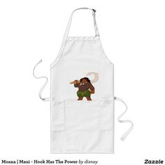 a white apron with an image of a woman holding a speech bubble and saying hello i'm this outside world