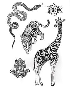 some animals are depicted in this black and white drawing