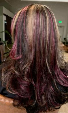 Maroon Hair Streaks, Trendy Haircolor2024, Brown Hair Colors With Highlights Curly, Dark Hair With Dark Purple Highlights, Whimsigoth Hair Dye, Red Purple Hair Highlights, Brown Hair Color Ideas For Fall, Blue Color Hair Highlights, 2000s Hair Streaks