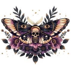 a butterfly with skulls and flowers on it's wings is featured in this image