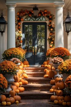 pumpkins and gourds line the front steps of an elegant house with columns