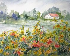 a watercolor painting of flowers in front of a white house with a red roof