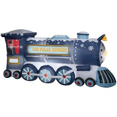 an inflatable thomas the tank train is shown with snow flakes on it