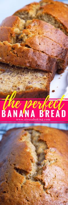 this banana bread has been sliced and is ready to be eaten with the title above it