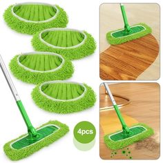 four green mop heads on top of a wooden floor with the words 4 pcs