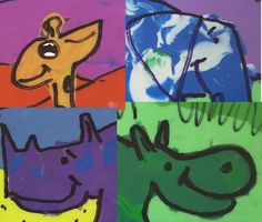 four different colored paintings of animals with one being a giraffe and the other is a rhino