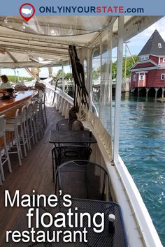 the front deck of a boat with tables and chairs on it that are overlooking water