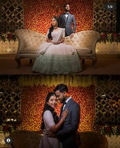 a couple sitting on a couch in front of a red and gold wall with flowers