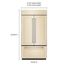 the refrigerator is shown with measurements for it's door and bottom drawer, as well as