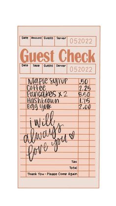 a check card with writing on it that says guest check in orange and black ink