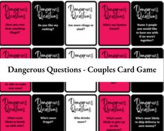 several cards with the words dangerous questions in black, pink and white text on them