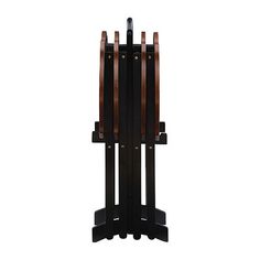 a black and brown coat rack with two coats hanging from it's sides on an isolated white background