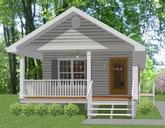 a small gray house with porch and stairs