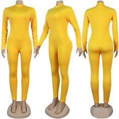 Women High Neck Long Sleeves Skinny Jumpsuits Casual Fitted Unitard For Fall, Casual Fitted Fall Unitard, Fitted Yellow Jumpsuits And Rompers, Casual Solid Color Unitard For Spring, Trendy Fitted Solid Color Unitard, Fitted Yellow Jumpsuits And Rompers For Fall, Yellow Stretch Long Sleeve Jumpsuit, Trendy Fitted Yellow Jumpsuits And Rompers, Trendy Stretch Yellow Jumpsuits And Rompers