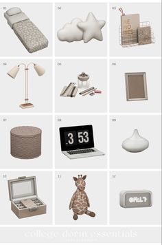 an assortment of items are shown in this graphic design style, including a laptop, bed, desk lamp, clock and more