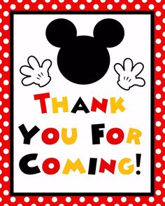 mickey mouse thank you for coming card with the words, thank you for coming on it